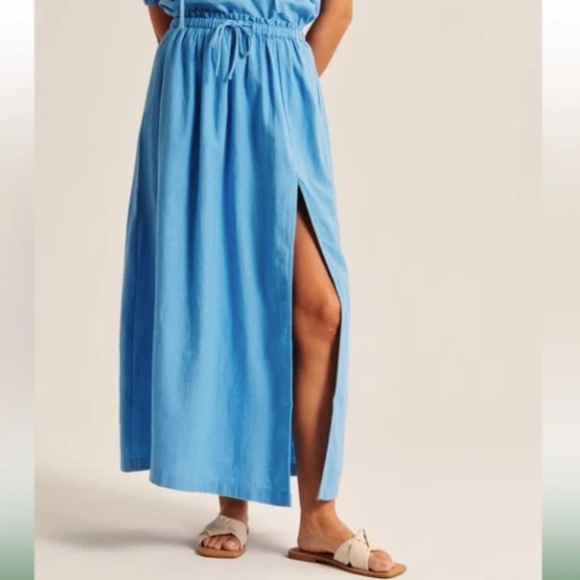 ABERCROMBIE & FITCH WOMENS TIE WAIST PULL ON LINEN BLEND MAXI SKIRT BLUE MEDIUM - Picture 1 of 7